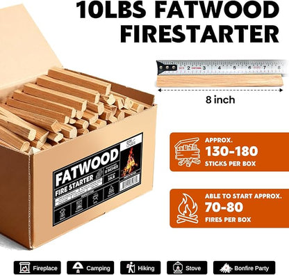 W&E Choice 10LB Fatwood Firestarter Wood Sticks | 100% Natural Kindling Dried Pine Fire Starters | Easy Ignition Firewood for Campfires, Fireplaces, BBQ, Stoves