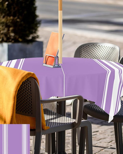 QueenKer Farmhouse Outdoor Tablecloth with Umbrella Hole, Purple White Stripe Square Tables Zippered Table Cloth Waterproof Tabletop Table Cover Collection for Patio, Garden, Picnic, Camping, Dining