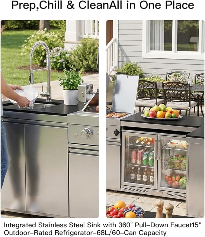 BBQ Outdoor Kitchen Island Grill Barbecue Modular Patio Kitchens Kits with Electric Rotisserie, Sink, fridge, and Burner for More than 15 People