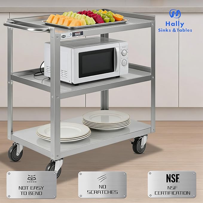 Hally Stainless Steel Utility Cart 3 Tier NSF Rolling Carts 31" Lx19 Wx34 H | Commercial Heavy Duty Metal Mobile Food Cart, with Handle and Wheels, for Kitchen, Restaurant, Hospital, Laboratory and Home