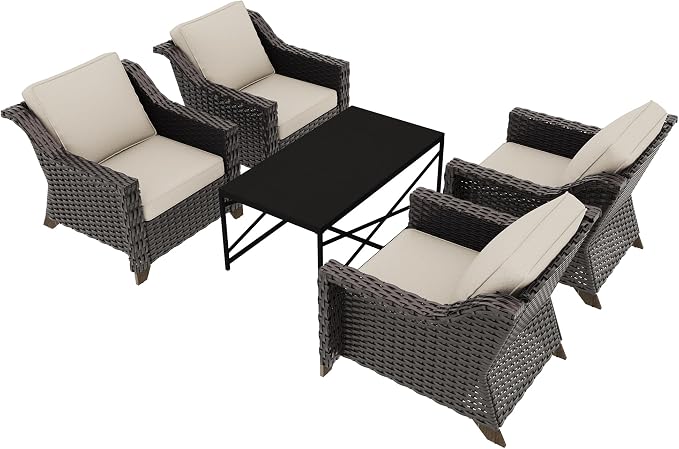 5 Piece Patio Furniture Set, Wicker Outdoor Conversation Set | Patio Chair Set with Olefin Removable Cushion, All-Weather Armchair Set with Deep Seat for Porch, Deck and Backyard, Beige
