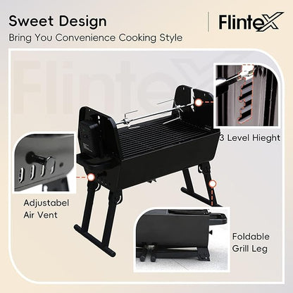 Flintex 2 in 1 Portable Porcelain Enameled Charcoal Grill with Rotisserie, Motorized Electric Spit, Foldable BBQ Grill, 262 sq.in, Height Adjustable for Camping Tailgating