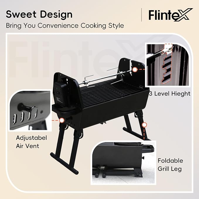 Flintex Portable Charcoal Grill with Electric Rotisserie & Waterproof Carry Bag, Folding Outdoor BBQ Grill for Camping, Backyard, Tailgating & Patio