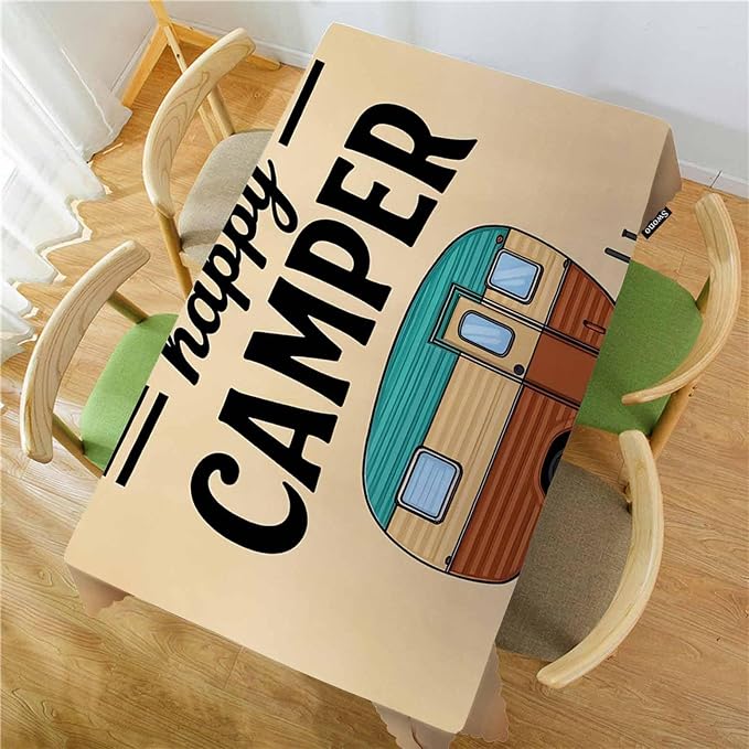 Swono 52x70 Inch Happy Camper Tablecloth Retro Car Camping Outdoor Farmhouse Dining Table Cloth Anti-Stain Talking Table Cover for Kitchen Dinning Room Coffee Store