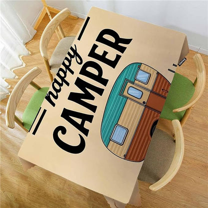 Swono 52x70 Inch Happy Camper Tablecloth Retro Car Camping Outdoor Farmhouse Dining Table Cloth Anti-Stain Talking Table Cover for Kitchen Dinning Room Coffee Store