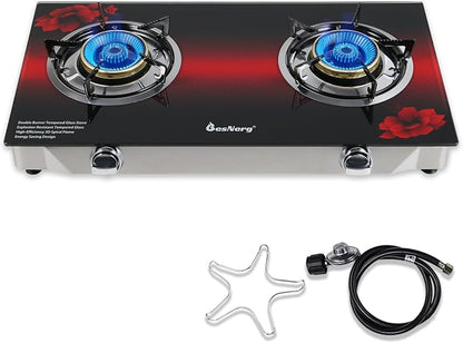 2 Burner Propane Gas Stove with Auto Ignition, 29000 BTU High-Efficiency Heavy-Duty Tempered Glass Cooktop, CSA Regulator & Hose Included, for Outdoor Camping Emergency