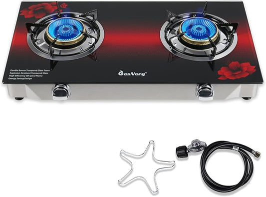 2 Burner Propane Gas Stove with Auto Ignition, 29000 BTU High-Efficiency Heavy-Duty Tempered Glass Cooktop, CSA Regulator & Hose Included, for Outdoor Camping Emergency