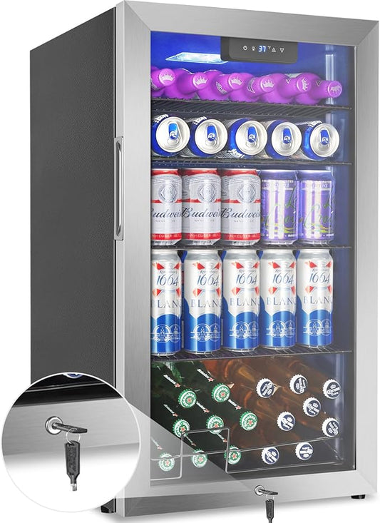 128 Cans Beverage Refrigerator Cooler, 3.2 Cu.Ft Mini Drink Fridge Glass Door for Drink Beer Soda Wine, Beer Fridge with 4 Removable Shelves for Kitchen Bedroom, Office Bar Gaming Room,Stainless Steel