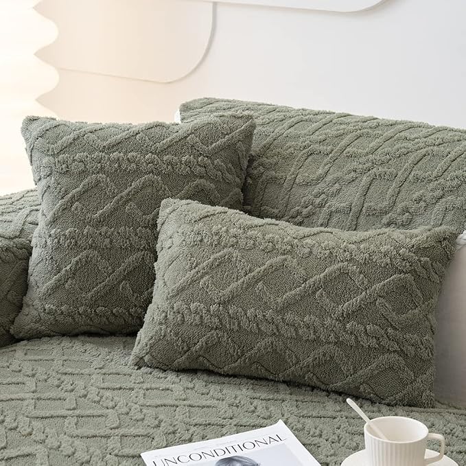 vctops Pack of 2 Geometric Jacquard Plush Throw Pillow Covers for Couch Bed Sofa Farmhouse Neutral Solid Color Soft Cushion Covers (Army Green,18"x18")