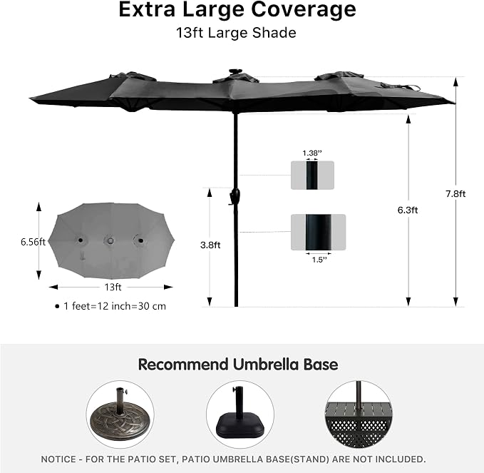 REE SOLDIER 13ft Double Sided Patio Umbrella with Solar Lights (Dark Gray) | Waterproof Fade-Resistant Fabric, Rust-Proof Aluminum Pole, Crank Tilt Adjustment, Ideal For Garden, Yard, Pool, Patio