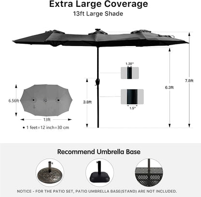 REE SOLDIER 13ft Double Sided Patio Umbrella with Solar Lights (Dark Gray) | Waterproof Fade-Resistant Fabric, Rust-Proof Aluminum Pole, Crank Tilt Adjustment, Ideal For Garden, Yard, Pool, Patio