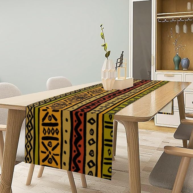 African Ethnic Table Runner, Vintage Geometric Abstract Traditional Clorful Mud Cloth Seasonal Table Runner Decor for Kitchen Farmhouse Home Holiday Parties 13x70in