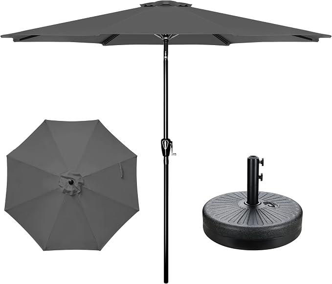 YSSOA 9' Patio Umbrella with 50lbs 20" Capacity Fillable Heavy Duty Round Base, 8 Sturdy Ribs, for Outdoor Lawn, Deck, Poolside, Grey and Black