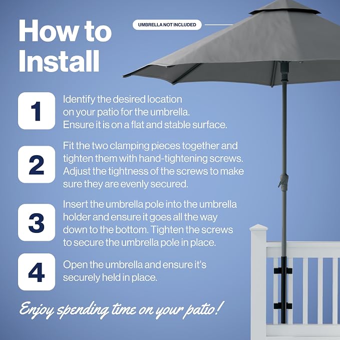 Patio Umbrella Holder – Easy Installation - Space Saving Umbrella Holder Design - Outdoor Umbrella Base and Mount - Attaches to Railing Maximizing Outdoor Patio Space and Shade, Black