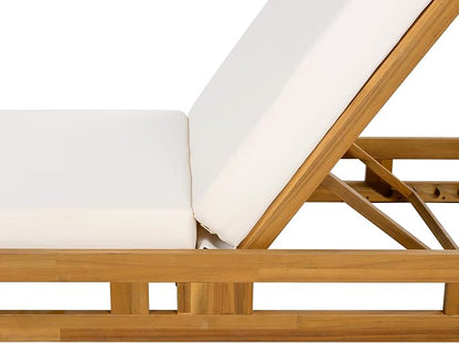 Merax Patio Chaise Lounge with Adjustable Backrest & Cushion, Acacia Wood Recliner Chair with Teak Finish for Backyard Pool Garden