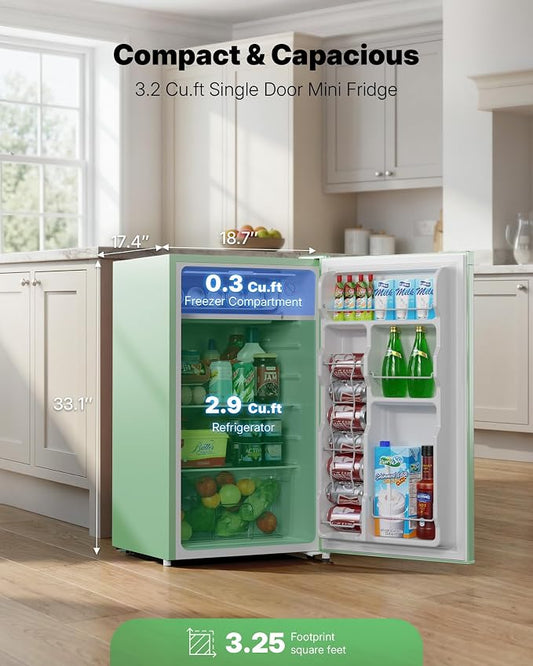 Upstreman 3.2 Cu.Ft Mini Fridge with Freezer, Green-BR321 | Adjustable Thermostat, Energy Saving, Low Noise, Reversible Door, Small Refrigerator for Dorm, Bedroom, Office