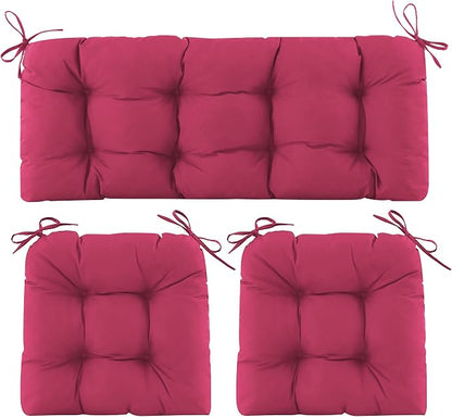 Wicker Chair Cushions of 3 Pieces, Waterproof Cushions for Patio Furniture, Tufted Wicker Outdoor Furniture Cushions, 1 Patio Loveseat Cushion and 2 U-Shaped Cushions, 44"x19"x5", Burgundy