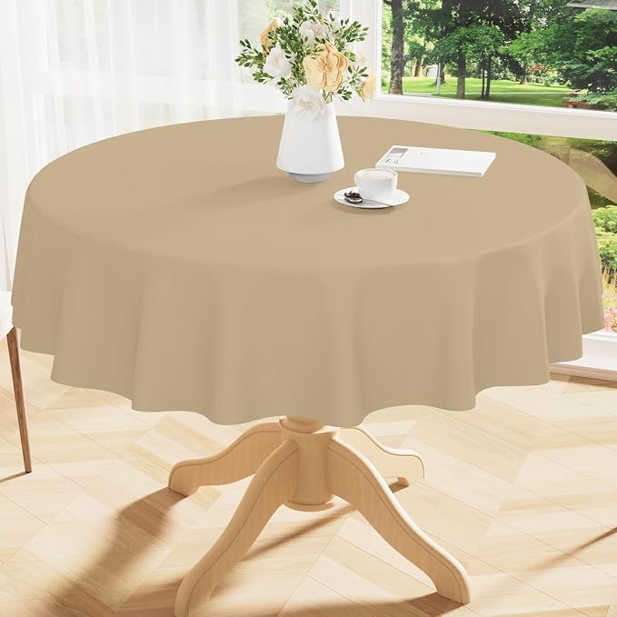 Smiry Round Table Cloth 60 Inch, Waterproof Wipeable Vinyl Tablecloths Protector, Oil Spill Proof Plastic Table Cover for Dining, Picnic, Camping, Outdoor, Khaki