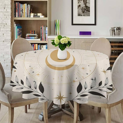 Vintage Boho Sun Moon Round Tablecloth Moon Phase Star Galaxy Space Wildflower Table Cloth Water Resistant Wipeable Table Cover for Farmhouse Picnic Party Holiday Kitchen Dinner Table 50"