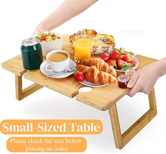 Peohud Portable Wine Picnic Table, Foldable Champagne Picnic Snack Table Tray, Wooden Outdoor Picnic Table with Glass Holder for Park, Beach, Camping, Bed, Wine Lover Gift