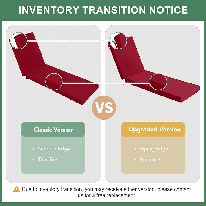 Summsun Chaise Lounge Cushions Outdoor Set of 2 - Waterproof and Fade Resistant Sun Lounger Replacement Cushions - Patio Lounger Pads with Removable Cover for Pool, Deck, Lawn, 72 x 21 x 3 Inch, Red