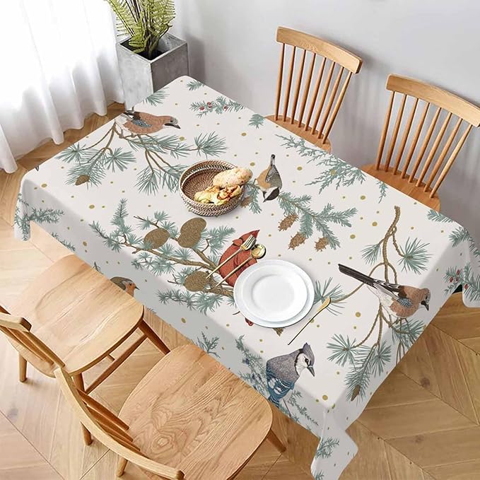 TKS MITLAN Winter Birds Tablecloth Decor Pine Tree Tit Robin Jay Bullfinch Bluebird Cardinal Pine Cones Berry Table Cloth Dining Room Kitchen Table Cover 60" X 84" Oblong/Rectangle