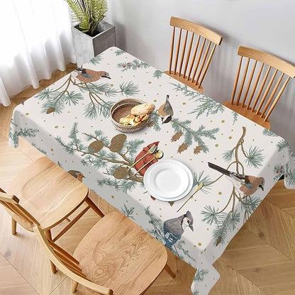 TKS MITLAN Winter Birds Tablecloth Decor Pine Tree Tit Robin Jay Bullfinch Bluebird Cardinal Pine Cones Berry Table Cloth Dining Room Kitchen Table Cover 60" X 84" Oblong/Rectangle