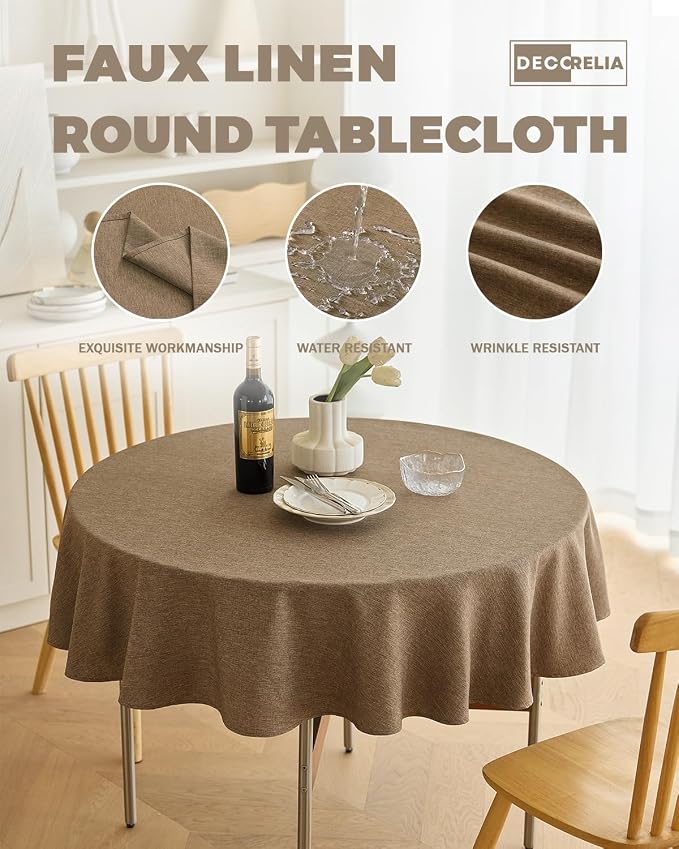 Decorelia Waterproof Kitchen Faux Linen Round Tablecloth, Decorative Fabric Burlap Texture Farmhouse Soft Table Cloth Cover for Dining Party Indoor Outdoor Use (60 Inch, Round (2-4 Seats), Coffee)