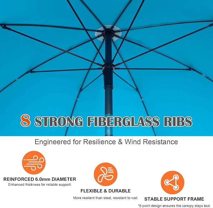 Blissun 6.5ft Patio Umbrella with Push Button Tilt & Height Adjustable, UV50+ Sun Protection with Sturdy Fiberglass Ribs & Iron Pole, Market Umbrella for Outdoor Table Garden Backyard Beach