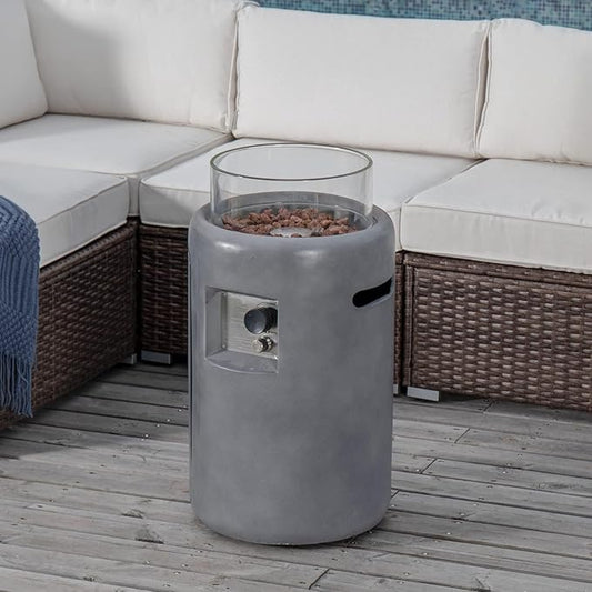 COSIEST Outdoor Propane Fire Pit Table w Compact Ledgestone 16-inch Round Graphite Base and Glass Wind Guard, Certified, 40,000 BTU, Free Lava Rocks, Touch-up Pen, Fits 20lb (Grey)