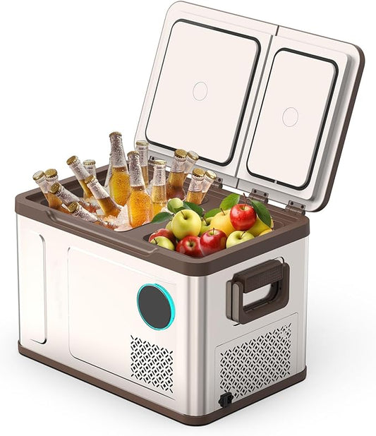 YELLOW JACKET Portable Car Refrigerator 33 Quart, Portable Freezer Dual Zone Electric Cooler for Outdoor Camping Travel,12/24V DC 110~240 Volt AC Refrigerator for Truck RV Home Office,-4℉-68℉