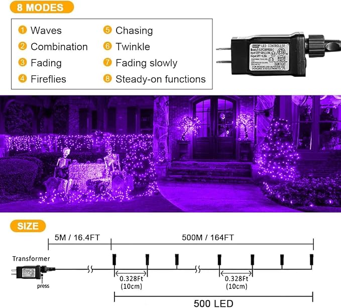 weillsnow 500 LED Halloween String Lights,164 FT Twinkle Lights Waterproof | Purple, 8 Modes, Plug in, Timer & Memory Function, for Halloween Party Garden and Home Decor, Indoor&Outdoor Use