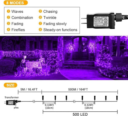 weillsnow 500 LED Halloween String Lights,164 FT Twinkle Lights Waterproof | Purple, 8 Modes, Plug in, Timer & Memory Function, for Halloween Party Garden and Home Decor, Indoor&Outdoor Use