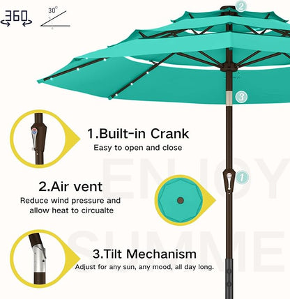 Kingdura 9ft 3-Tier Patio Umbrella with Solar Lights, Table Umbrella Outdoor Patio with Easy Crank & Tilt, 8 Sturdy Ribs, UV Protection, 32 LED Lights for Deck, Poolside, Market (Tiffany blue)