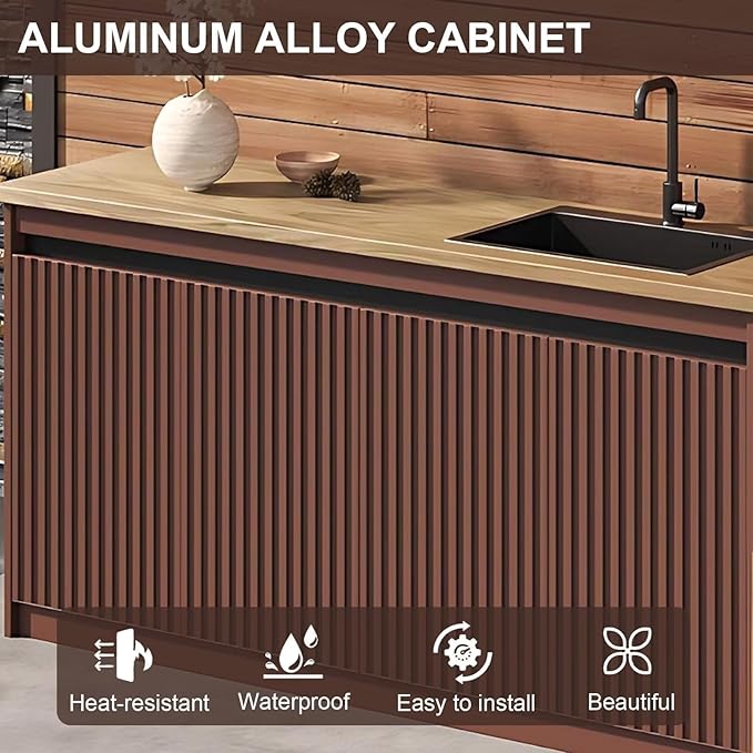 87IN Outdoor Kitchen Cabinet - Kitchen Cabinet with Countertop Includes Stripe Design & Mop Pool,Outdoor Table with Aluminum Alloy,Stainless Steel Sink and Slate Countertop,Hidden Handle