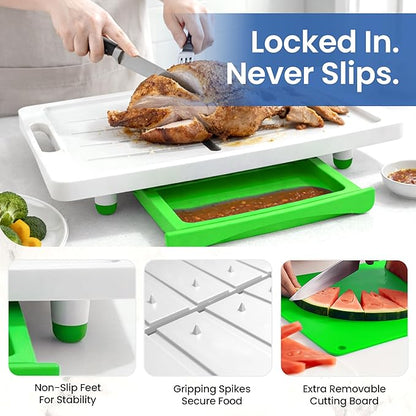 Large Cutting Board - XL Meal Prep System with Juice Groove, Spikes, Drip Tray & Removable BPA Free Cutting Board - Patented Multi-Feature Design Carving Board - BBQ Essential & Kitchen Gifts