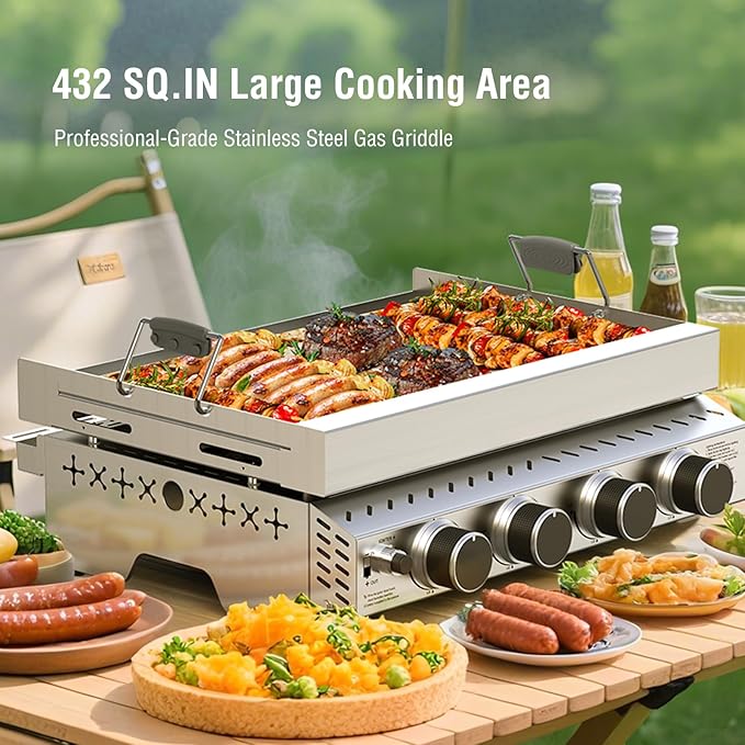 Electactic 4 Burners Tabletop Propane Gas Griddle,24 inch Detachable Griddle with handle,32000BTU Portable Stainless Steel Gas Grill for Camping,Outdoor & Tailgating Barbecue
