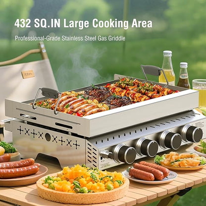 Electactic 4 Burners Tabletop Propane Gas Griddle,24 inch Detachable Griddle with handle,32000BTU Portable Stainless Steel Gas Grill for Camping,Outdoor & Tailgating Barbecue