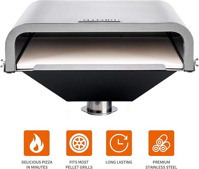MAJARO Pellet Grill Pizza Oven Attachment with 13" Cordierite Pizza Stone, Stainless Steel Outdoor Pizza Oven Insert, Adjustable 16"-19" Depth, Fits Most Pellet Grills, Up to 800°F