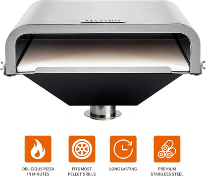 MAJARO Pellet Grill Pizza Oven Attachment with 13" Cordierite Pizza Stone, Stainless Steel Outdoor Pizza Oven Insert, Adjustable 16"-19" Depth, Fits Most Pellet Grills, Up to 800°F