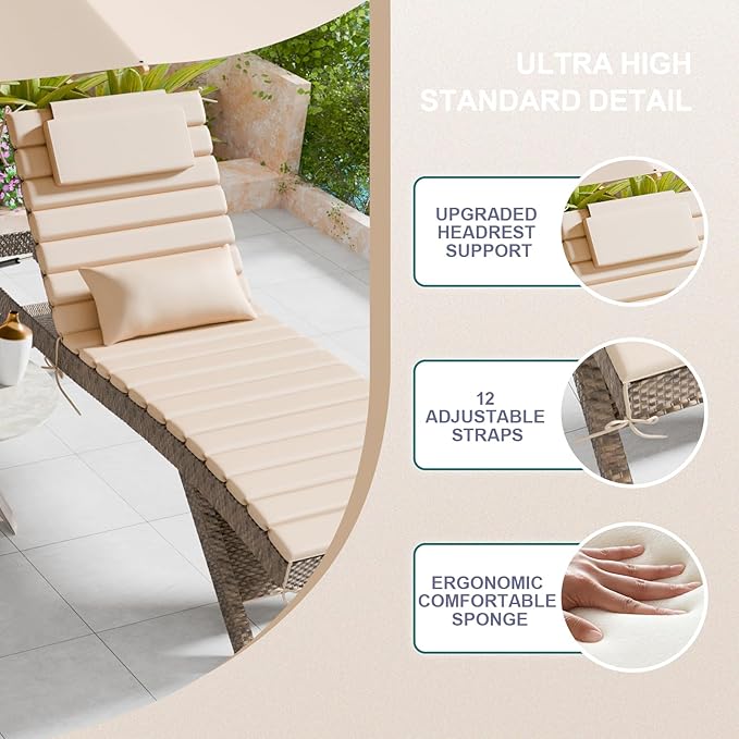 2 Sets of Outdoor Water-Resistant Olefin Chaise Lounge Cushions with Headrest and Pillow, Weather and Fade Resistant Foldable Quilted Lounge Chair Pads with Straps, Beige, 73" L x 22" W