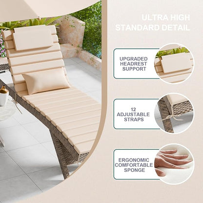 2 Sets of Outdoor Water-Resistant Olefin Chaise Lounge Cushions with Headrest and Pillow, Weather and Fade Resistant Foldable Quilted Lounge Chair Pads with Straps, Beige, 73" L x 22" W