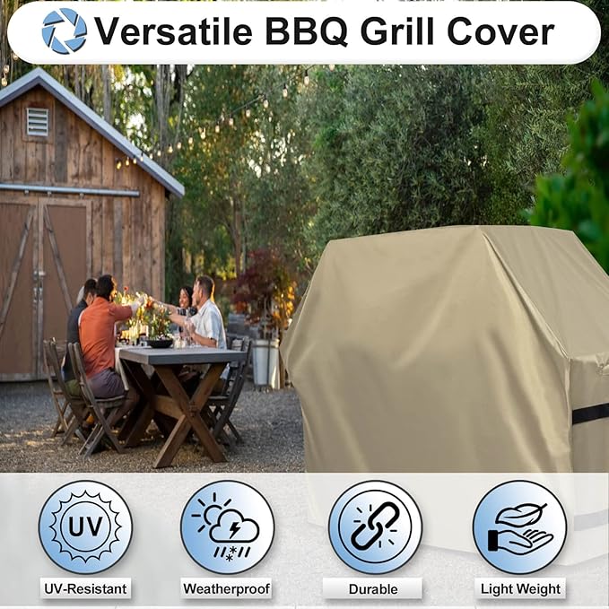 OutdoorLines Waterproof Heavy Duty BBQ Grill Cover - Universal Barbecue Grill Covers UV Resistant Barbeque Gas Grill Cover for Outdoor Outside Grill, 52L x 26W x 43H Inch, Camel