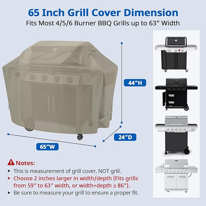 SunPatio BBQ Grill Cover for Outdoor Grill 65 Inch, Heavy Duty Waterproof Barbecue Cover with Sealed Seam, FadeStop All Weather Protection Compatible for Weber CharBroil Nexgrill and More, Taupe