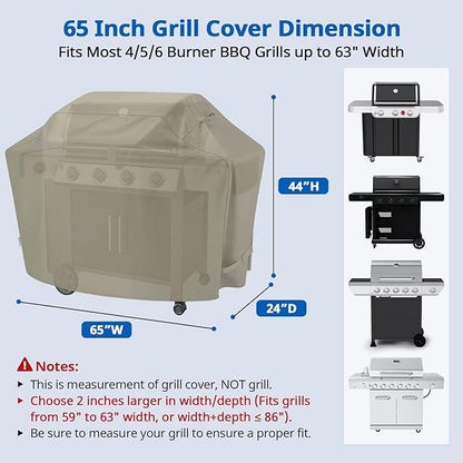 SunPatio BBQ Grill Cover for Outdoor Grill 65 Inch, Heavy Duty Waterproof Barbecue Cover with Sealed Seam, FadeStop All Weather Protection Compatible for Weber CharBroil Nexgrill and More, Taupe