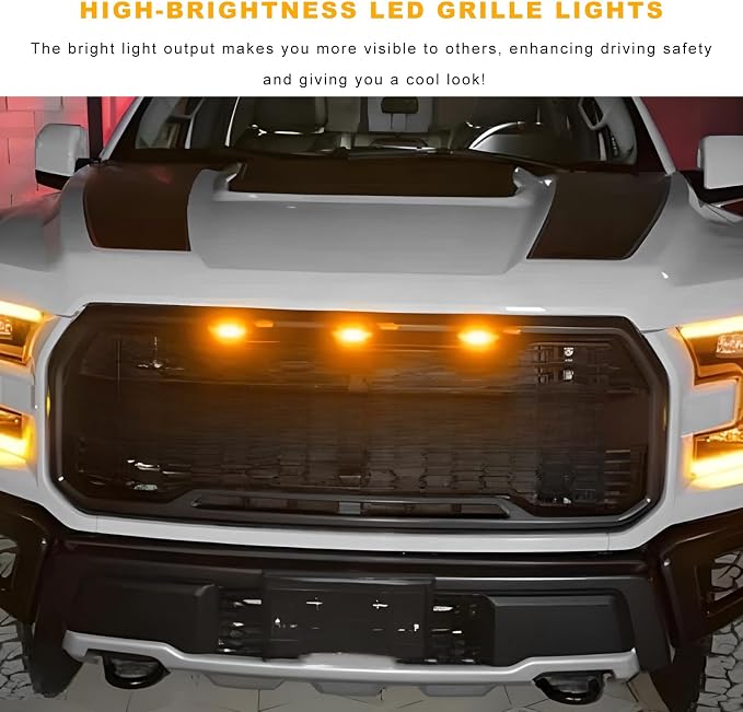 5 PCS Car LED Grille Lights, Waterproof Front Grille Running Lights with Wiring Harness, LED Grill Running Lamp Decorative Light for 2017-2019 F150 Raptor (Yellow & Yellow, 4 PCS)