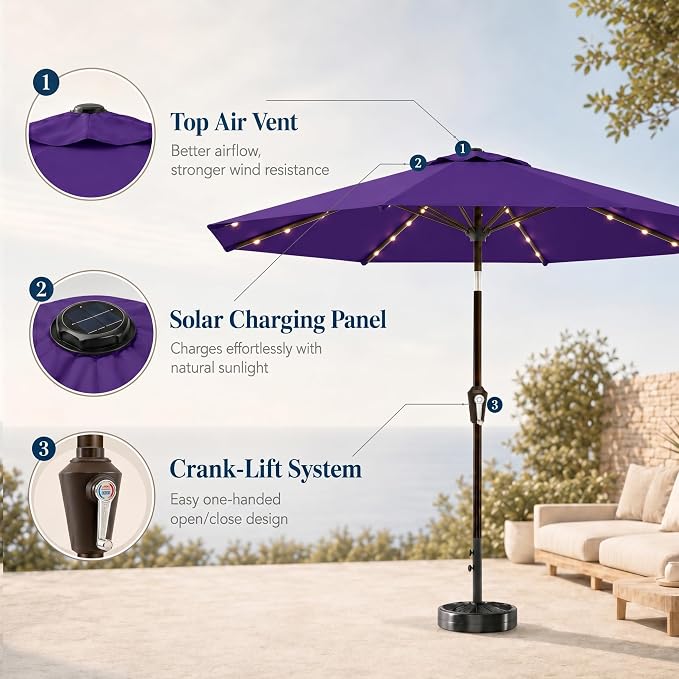 10FT Solar Patio Umbrella with Lights, Outdoor Table Market Umbrella with 32 LED Lights, 8 Sturdy Ribs, Push Button Tilt and Crank for Pool, Deck and Garden, UV-Resistant