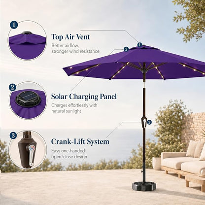 10FT Solar Patio Umbrella with Lights, Outdoor Table Market Umbrella with 32 LED Lights, 8 Sturdy Ribs, Push Button Tilt and Crank for Pool, Deck and Garden, UV-Resistant