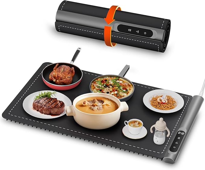 Newise Upgrade Graphene Warming Mat for Food, Food Warming Mat for Countertop with 6 Temperature Settings and Timing Function, Portable Electric Warming Tray for Parties Buffet, Black