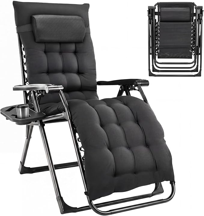 Alpen Oversized Zero Gravity Chair, Portable Patio Lounge Recliner, Black | Outdoor Chaise Lounge Chairs, Removable Pad, Adjustable Headrest, Zero Gravity Chair with Cup Holder for Camping Lawn Balcony